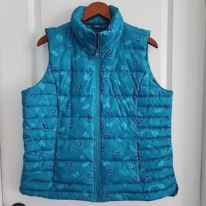 Lands' End Floral Down Puffer Vest  Women's L (14-16) Full Zip Green Blue
